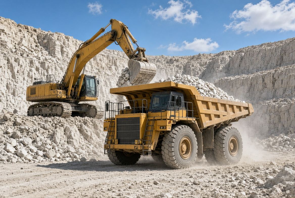 Limestone quarry truck and excavator